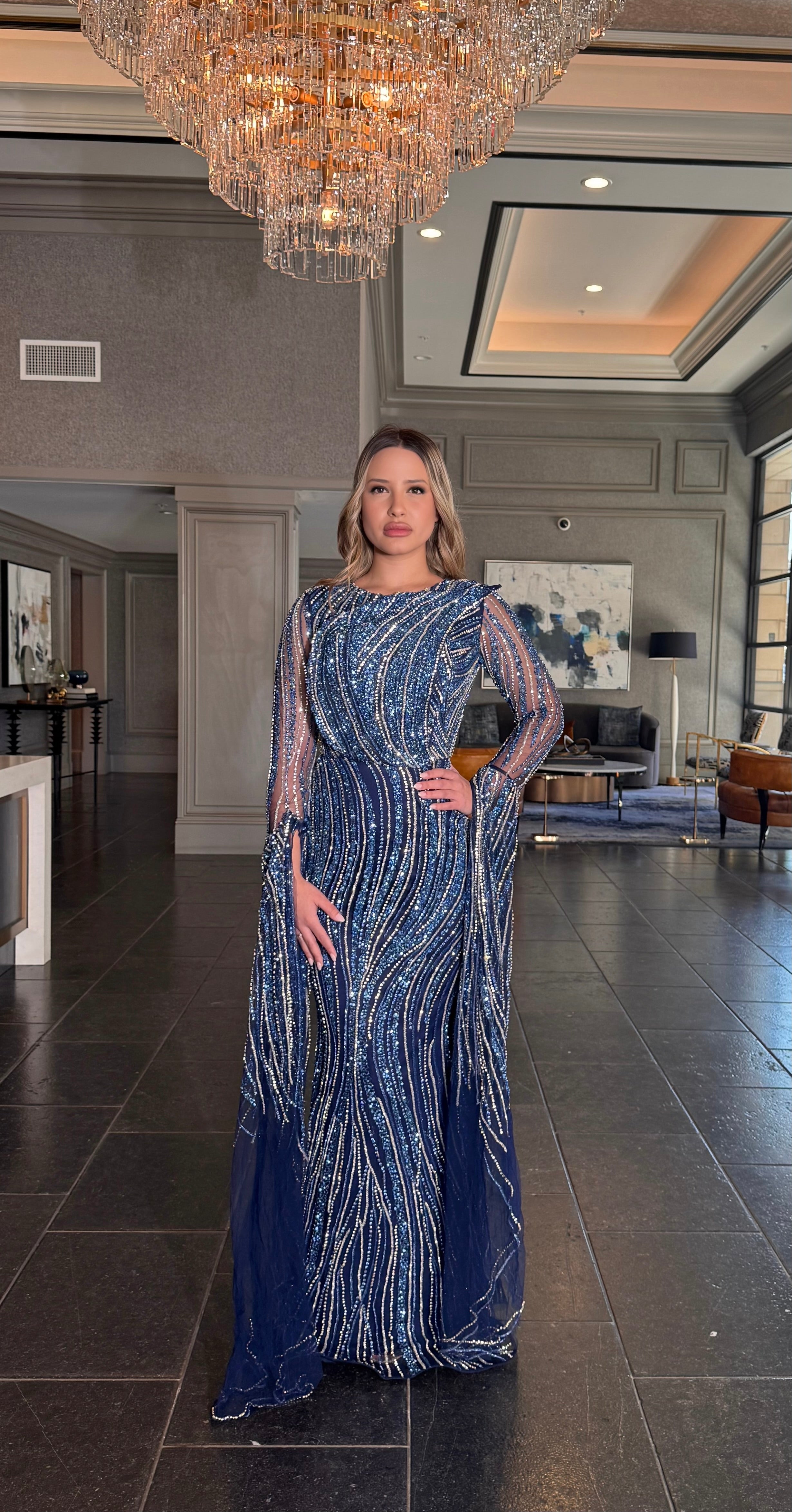 Asman Embellished Dramatic Cape Long Sleeve Modest Evening Dress