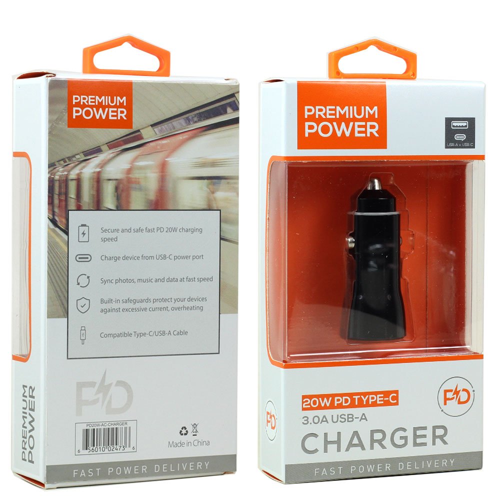 20W USB-C + USB 3.0 Fast Car Charger Adapter for iPhone/Samsung - Black