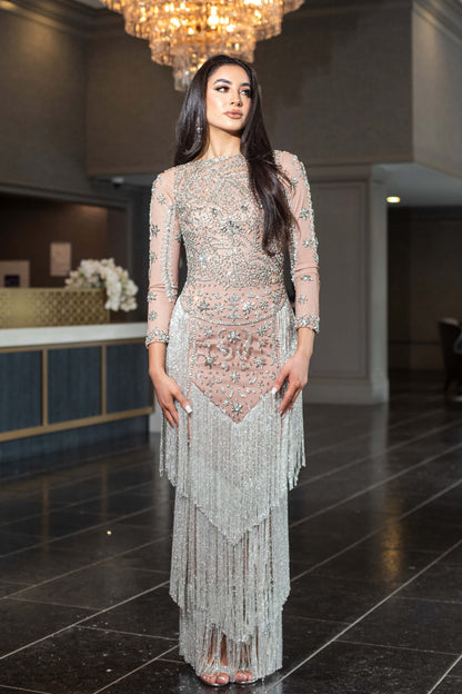 Dalia Long Sleeve Beaded Sequin Modest Tassel Gown