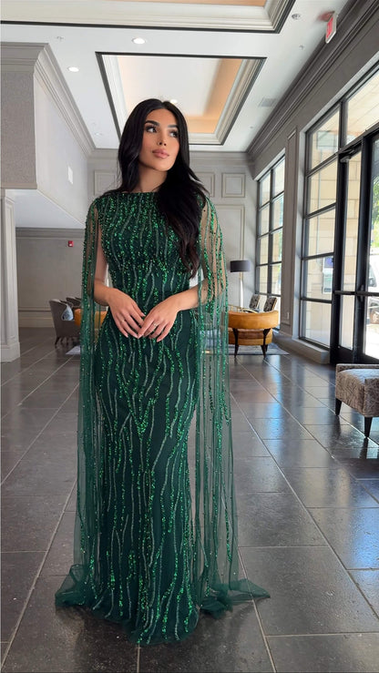 Faramah Drape Sleeves Embellished Fitted Sequin Modest Evening Dress