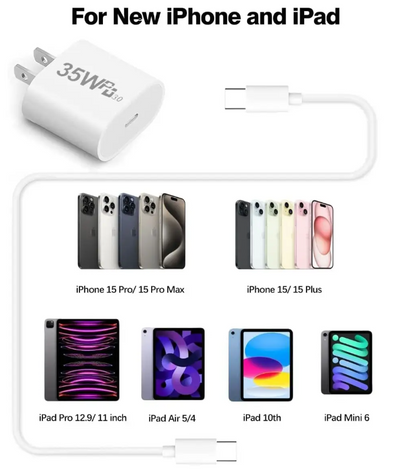 35W USB-C Fast Charger with USB-C to USB-C Cable – Compatible with iPhone 16 Series &amp; Galaxy S25 Series – White