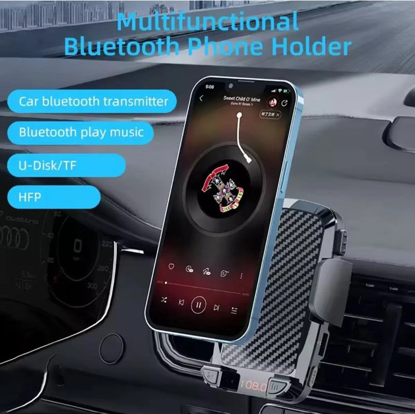 Bluetooth FM Transmitter Car Adapter with Receiver &amp; Clip-On Phone Holder Black
