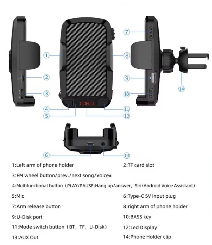 Bluetooth FM Transmitter Car Adapter with Receiver &amp; Clip-On Phone Holder Black