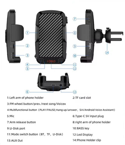 Bluetooth FM Transmitter Car Adapter with Receiver &amp; Clip-On Phone Holder Black