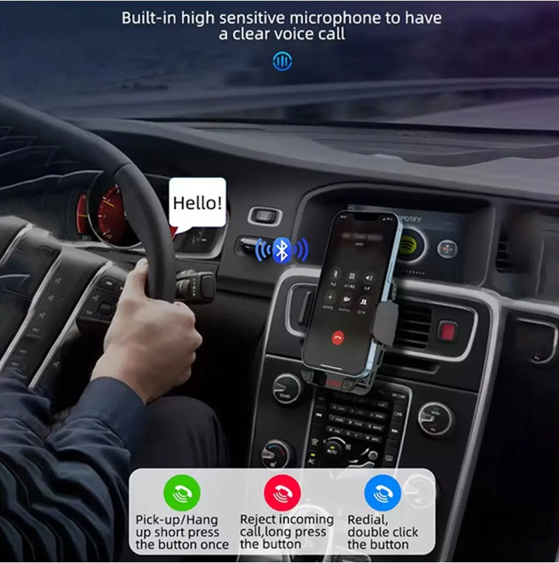 Bluetooth FM Transmitter Car Adapter with Receiver &amp; Clip-On Phone Holder Black