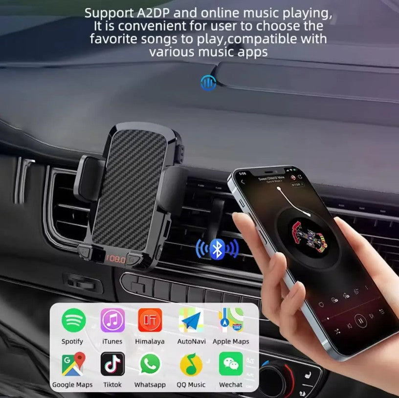 Bluetooth FM Transmitter Car Adapter with Receiver &amp; Clip-On Phone Holder Black